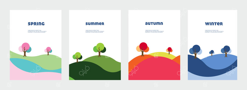 تصاویر بنر بهار، تابستان، پاییز و زمستان به سبک تخت. پوسترهای منظره فصلی با طراحی‌های مدرن و مینیمالیستی برای چاپ