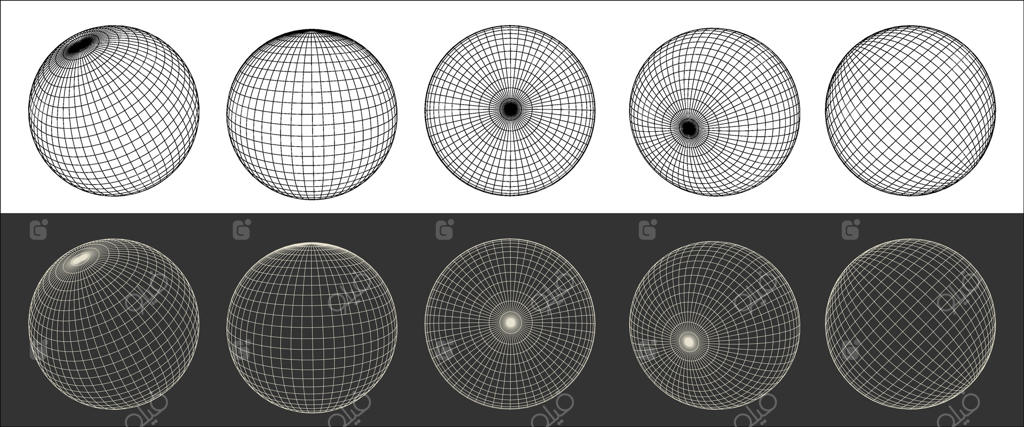 المان گرافیکی کُره با سبک رترو فیوچریستیک، شامل طرح‌های وایرفریم متنوع و اشکال مدرن و برجسته؛ ایده‌آل برای قالب‌های طراحی، پوستر، بنر، چاپ روی لباس، استیکر و غیره