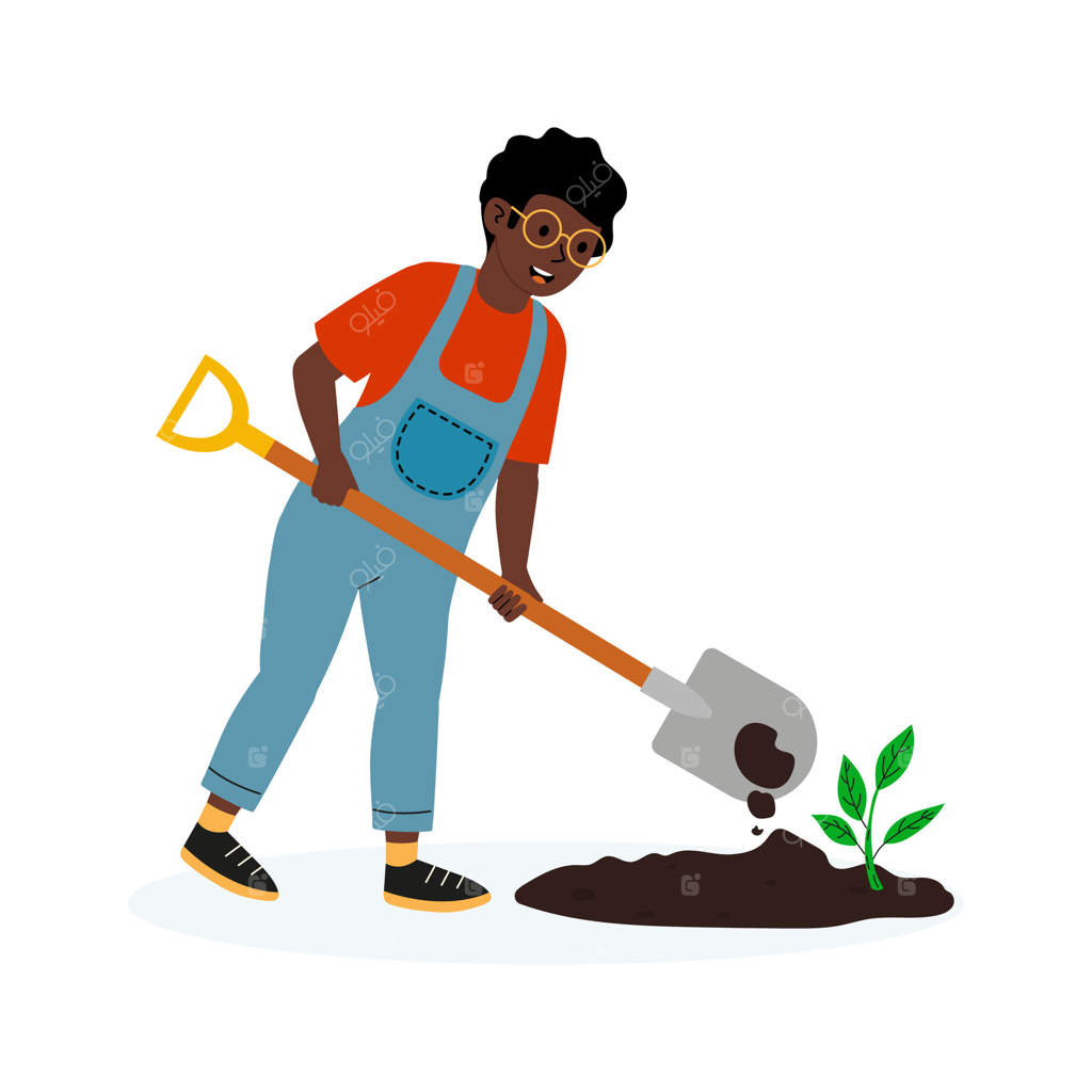 باغبان جوانی که در روزی آفتابی نهالی در باغچه می‌کارد