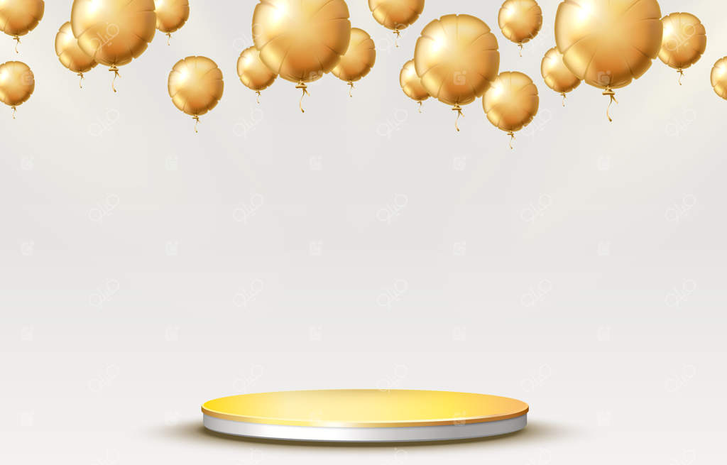 پس‌زمینه سِن با سیلندر و بادکنک‌ها و روبان‌ها برای مدل‌سازی ارائه محصول