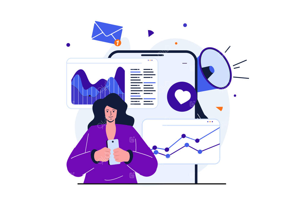 مفهوم مدرن دیجیتال مارکتینگ برای طراحی بنر وب - تحلیل داده‌های تبلیغاتی توسط یک زن