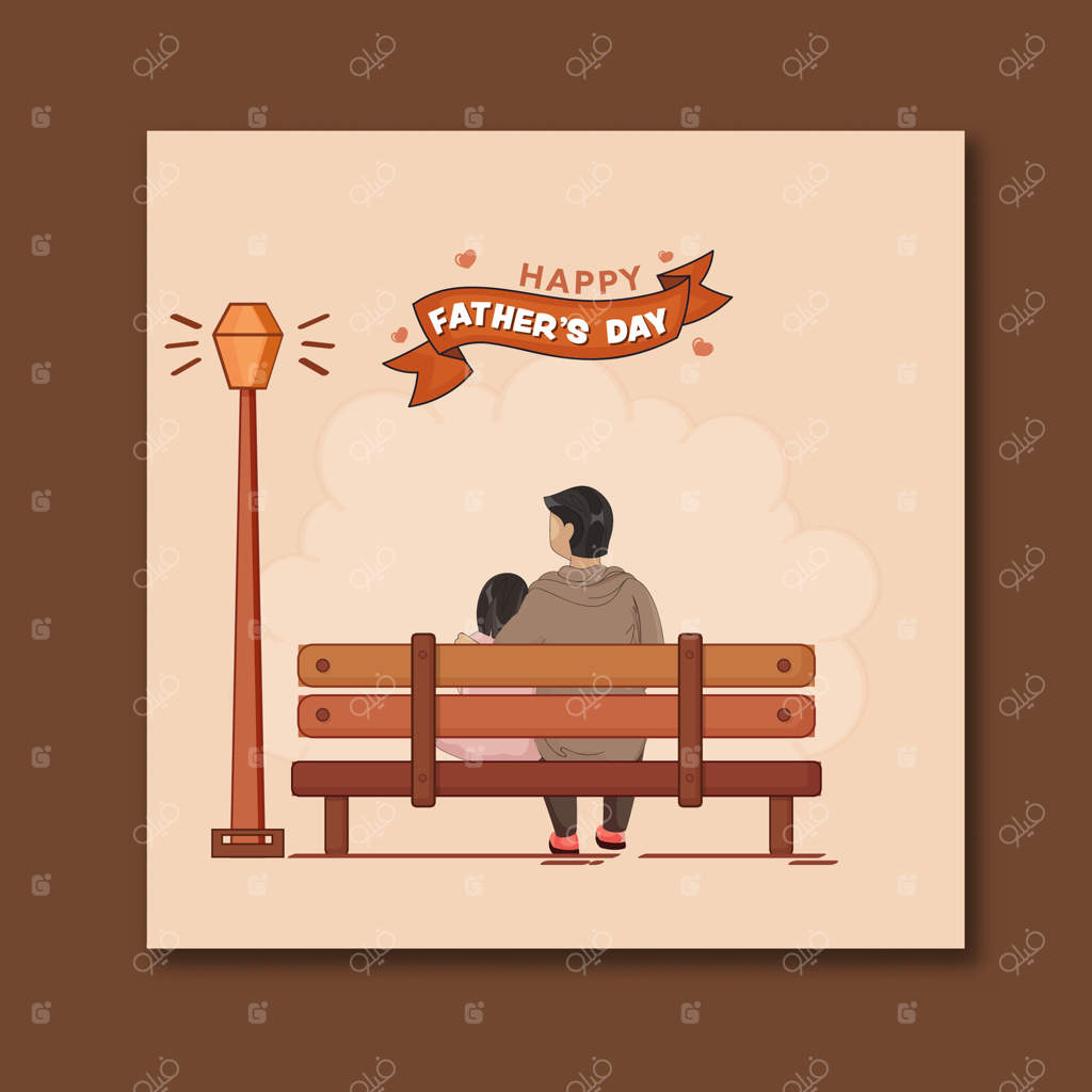 پست روز پدر مبارک با تصویر پدر و دختری که روی نیمکت باغ نشسته‌اند، نمای پشت.