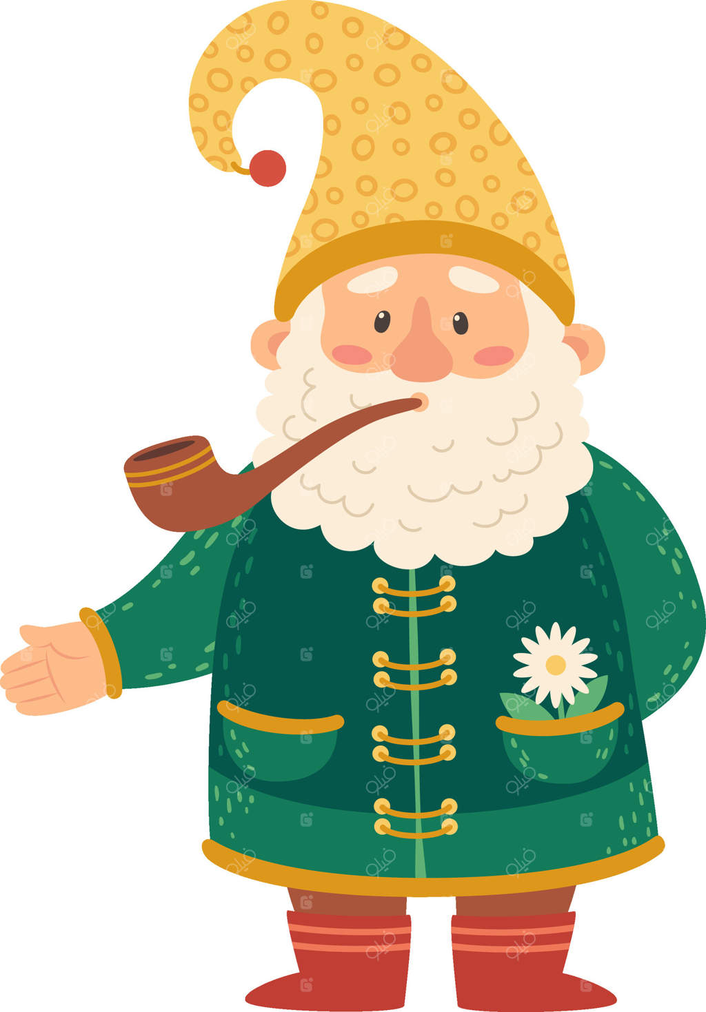 کارتون کوتوله باغ با کت سبز و کلاه زرد، در حال کشیدن پیپ و دعوتی با دست باز، و گلی سفید و دلربا در جیبش