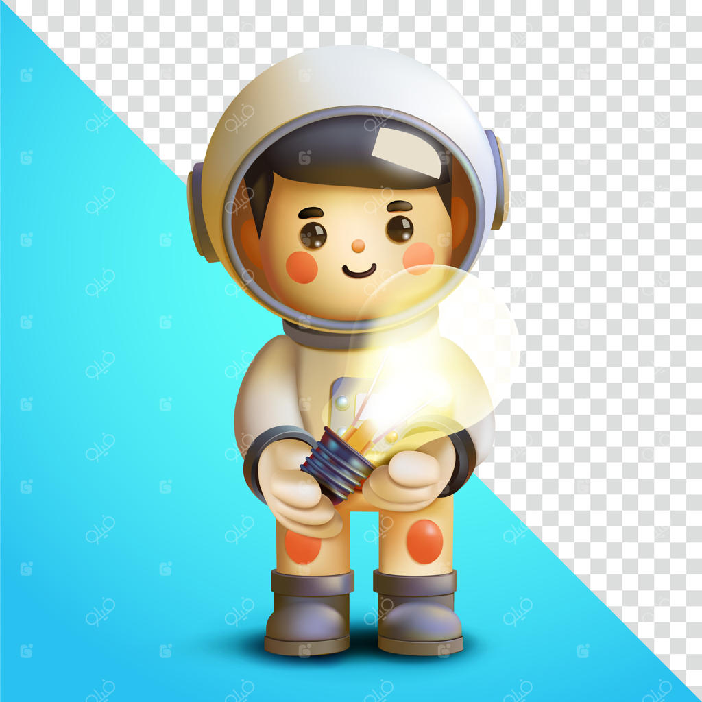 فضانوردی که یک چراغ درخشان در دست دارد، ۳D. مناسب برای آموزش و عناصر طراحی