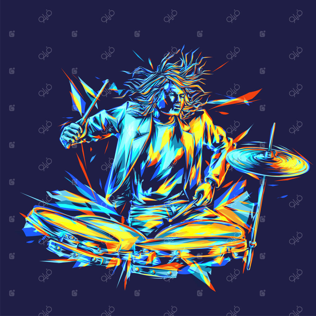 نقاشی موزیسین راک مدرن: تصویرسازی درامر با رنگ‌های زنده. پوستر موسیقی.