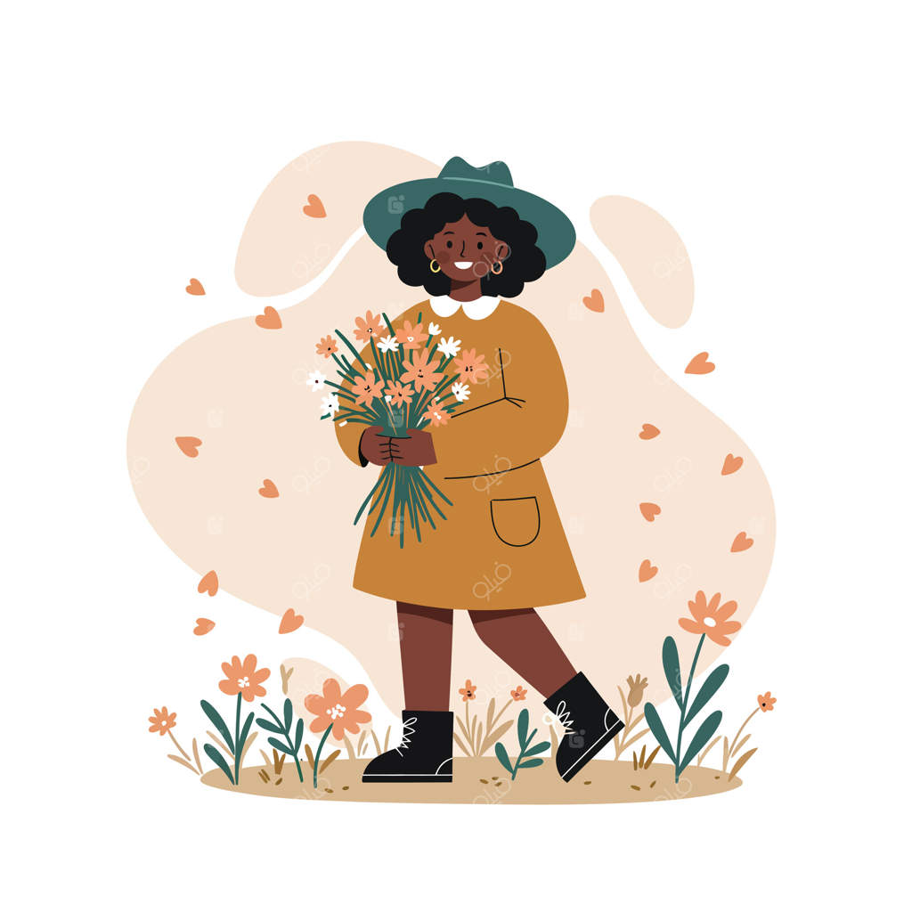 تصویر دختری جوان با موهای فر و دسته گل در باغی با رنگ‌های پاییزی