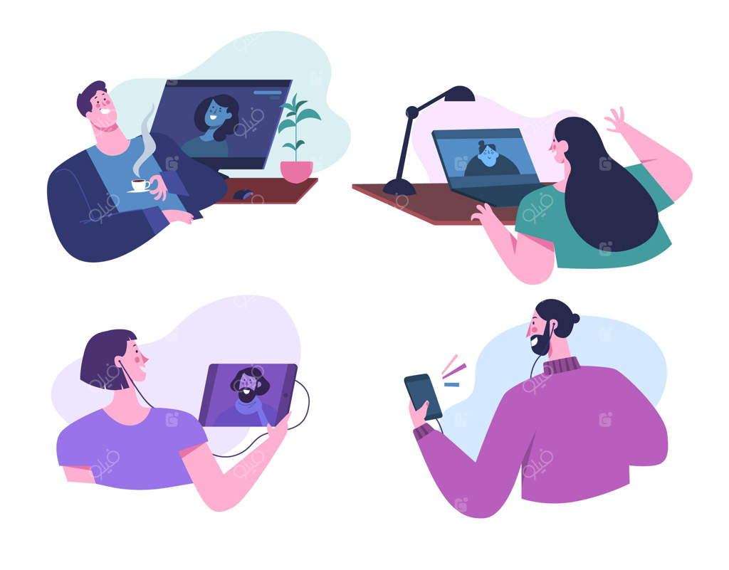 تصویرسازی ویدئو کنفرانس دوستان با طراحی دستی و تخت