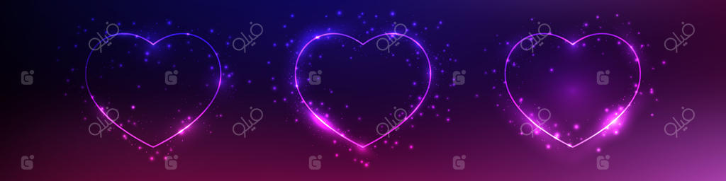 مجموعه‌ای از سه قاب نئون با شکل قلب و افکت‌های درخشان روی پس‌زمینه بنفش تیره. پس‌زمینه تکنو درخشان و خالی. تصویرسازی