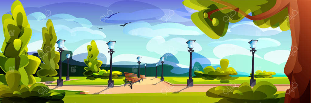 پارک شهری خالی با نیمکت‌های چوبی، درختان سبز و چراغ‌های خیابانی در امتداد مسیر. مکانی عمومی برای پیاده‌روی و تفریح. منظره کارتونی تابستانی با باغ شهری، چراغ‌ها و پرندگان