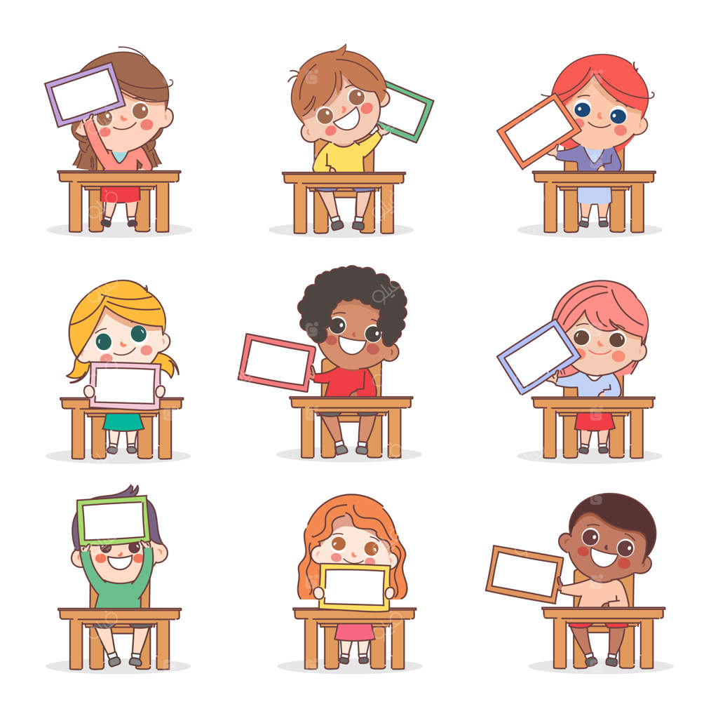 گروهی از کودکان کارتونی با پلاکارد در کلاس بازگشت به مدرسه نمایش می‌دهند - طرح کارتونی بامزه