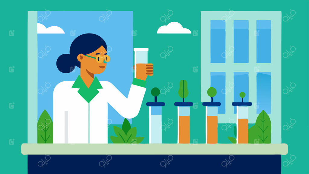 باغ لوله‌آزمایش یک دانشمند در حال بررسی نمونه‌های گیاهی در لوله‌های آزمایشی با قسمتی از یک باغ شهری پرجنب‌وجوش که از پنجره آزمایشگاه قابل مشاهده است.