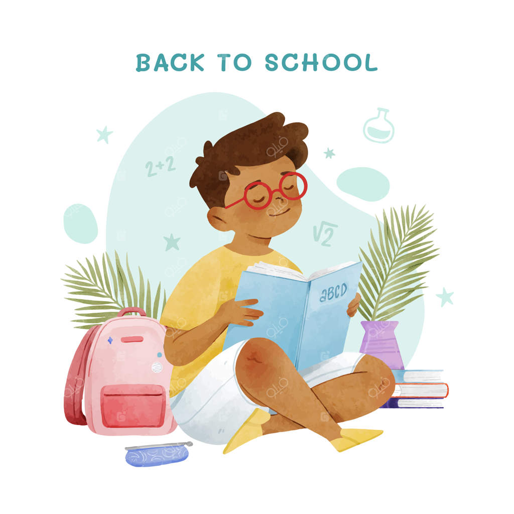 تصویر بازگشت به مدرسه با آبرنگ، دانش‌آموز و کتاب