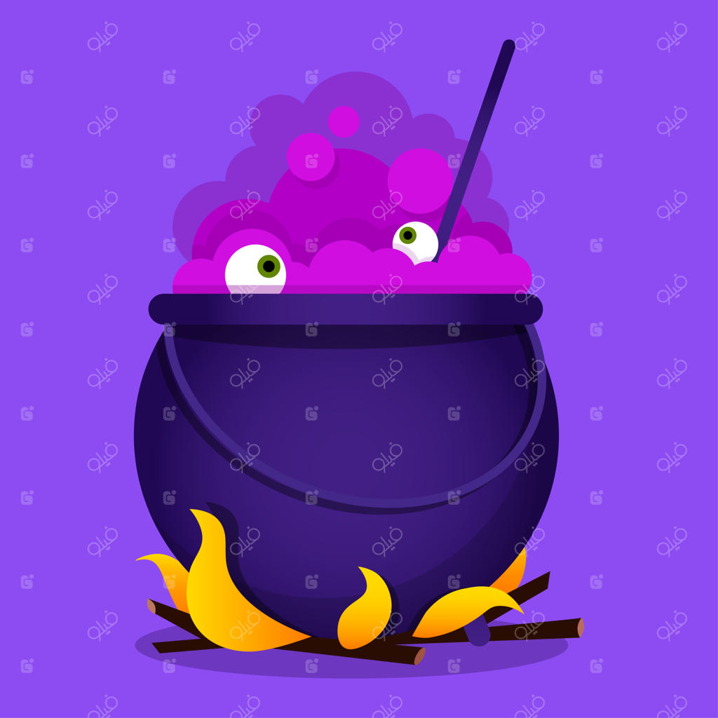 دیگ کارتونی بامزه با معجون صورتی جوشان و چشم‌هایی درون آن