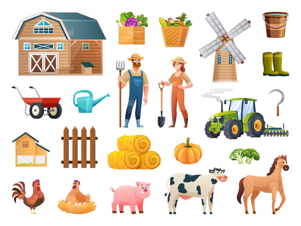 مجموعه‌ای از عناصر مزرعه به سبک کارتونی