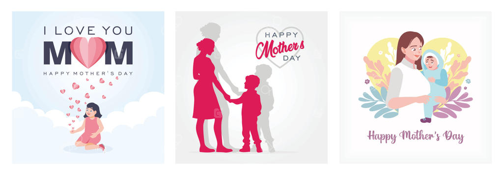 دختری با قلب کاغذی صورتی در حال پرواز. مادری که دست پسرش را گرفته است. مفهوم روز مادر