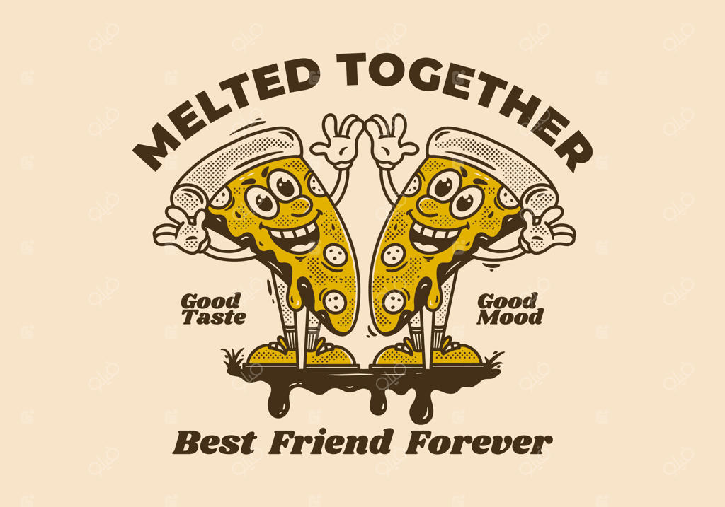 تصویرسازی شخصیت مسکات دو پیتزا با چهره خوشحال