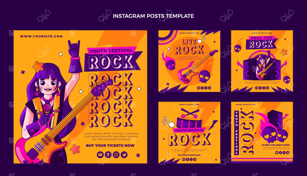 پست‌های اینستاگرامی فستیوال موسیقی با طراحی دستی و رنگارنگ