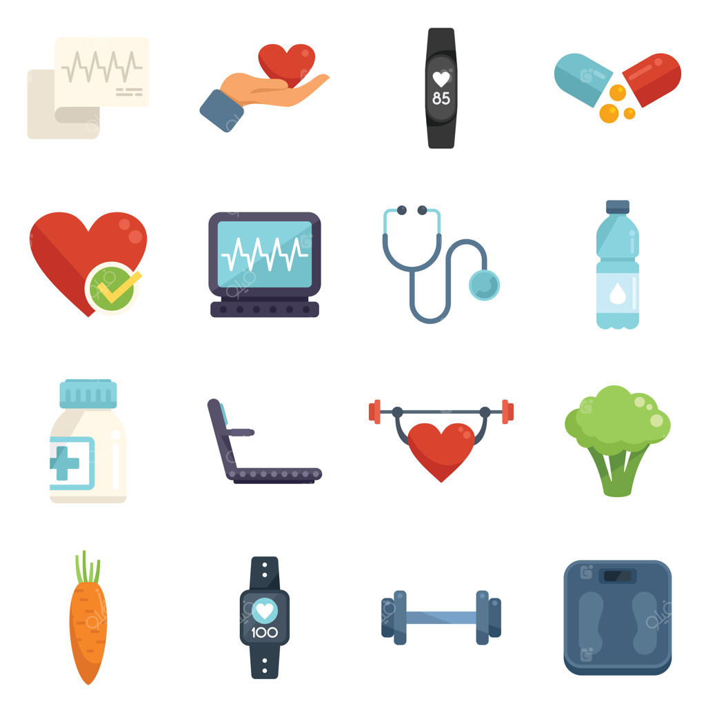 مجموعه آیکون‌های وکتور قلب سالم و مراقبت‌های بهداشتی با طراحی تخت