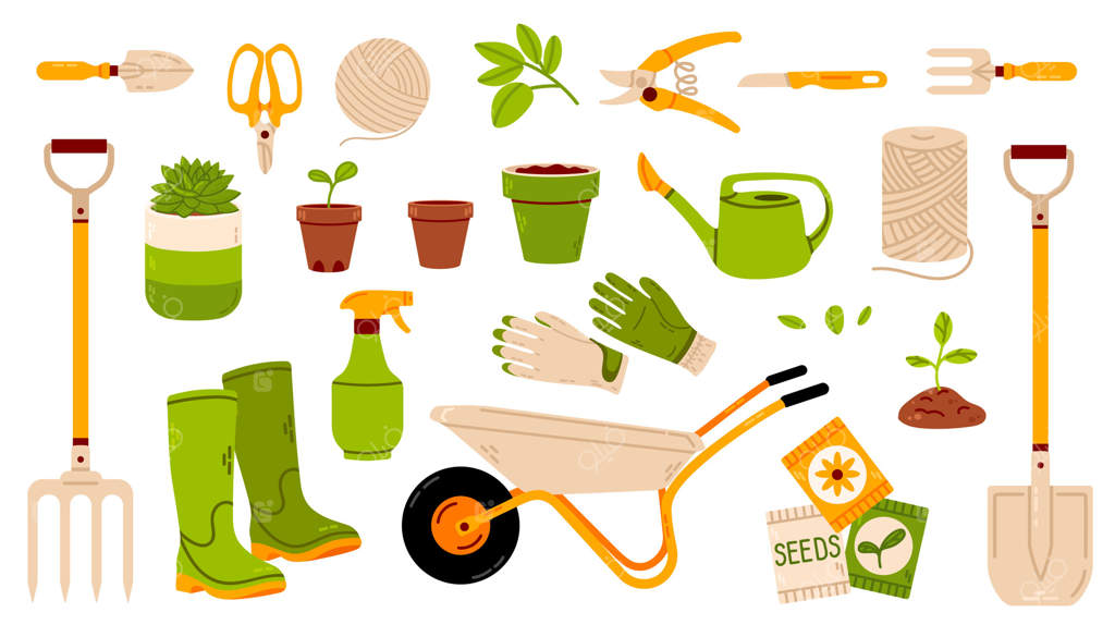 مجموعه‌ای از ابزار و تجهیزات باغبانی شامل دستکش، آب‌پاش، فرغون، پیش‌بند، گلدان و بسته‌های بذر؛ ایده‌آل برای طراحی‌ها و پروژه‌های با تم باغبانی