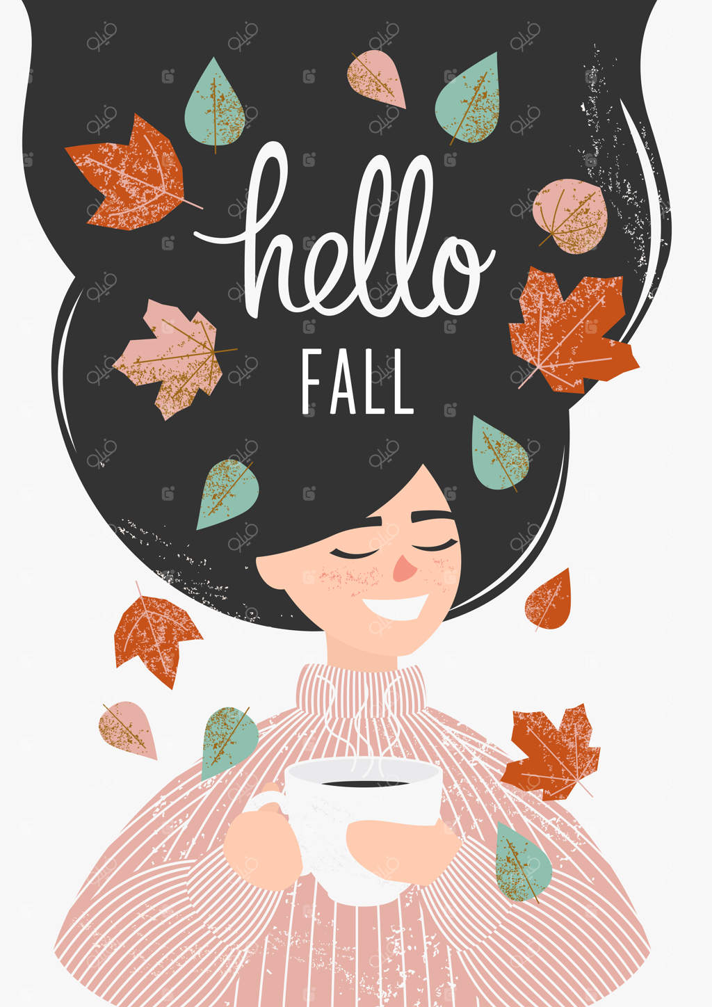 دختری با پلیور صورتی در کنار برگ‌های پاییزی یک فنجان چای یا قهوه می‌نوشد