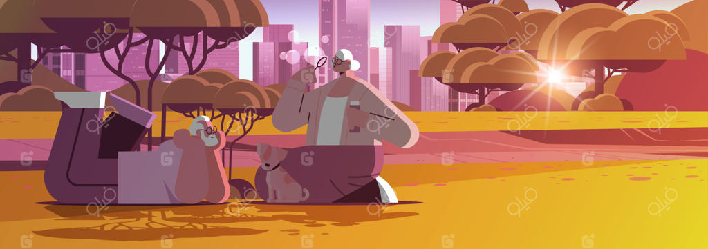 زوج سالخورده در حال حباب‌بازی و لذت بردن از وقت گذراندن با سگ کوچک در پارک شهری - مفهوم آرامش و بازنشستگی