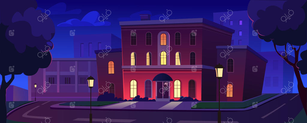 بنر پس‌زمینه خانه‌های شهری در شب برای طراحی بازی؛ نمای ساختمان مسکونی با پنجره‌ها و درب ورودی روشن، چراغ‌های خیابان و درختان، تصویرسازی کارتونی