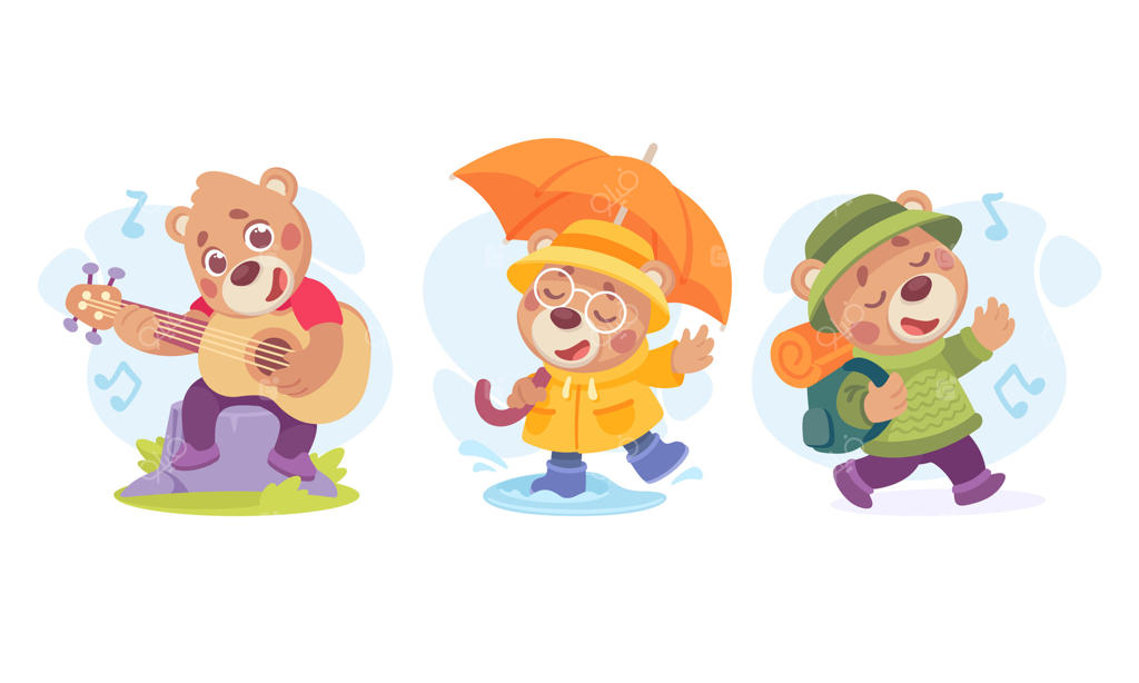 خرس‌های کارتونی بامزه در حال تفریح و لذت بردن از طبیعت و آفتاب