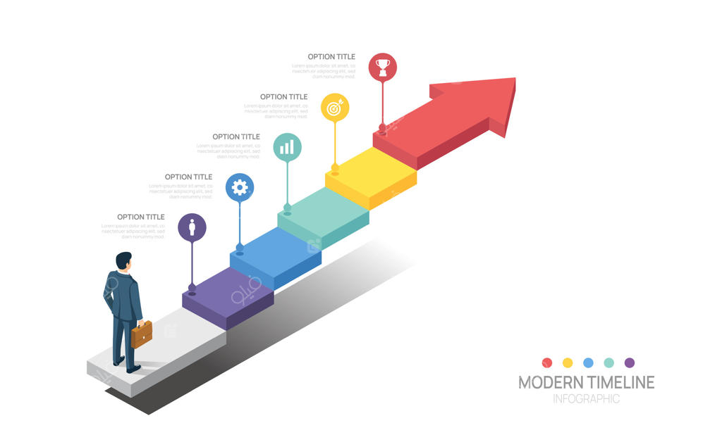 نمونه قالب موفقیت: نقشه راه تجاری با پیکان اینفوگرافیک و ۵ مرحله برای رسیدن به موفقیت.