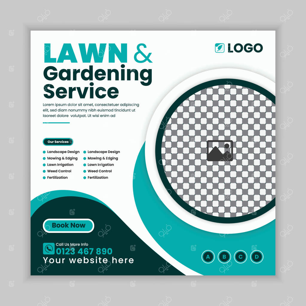 قالب طراحی پست شبکه‌های اجتماعی برای نگه‌داری خلاقانه باغ و خدمات چمن‌زنی حرفه‌ای