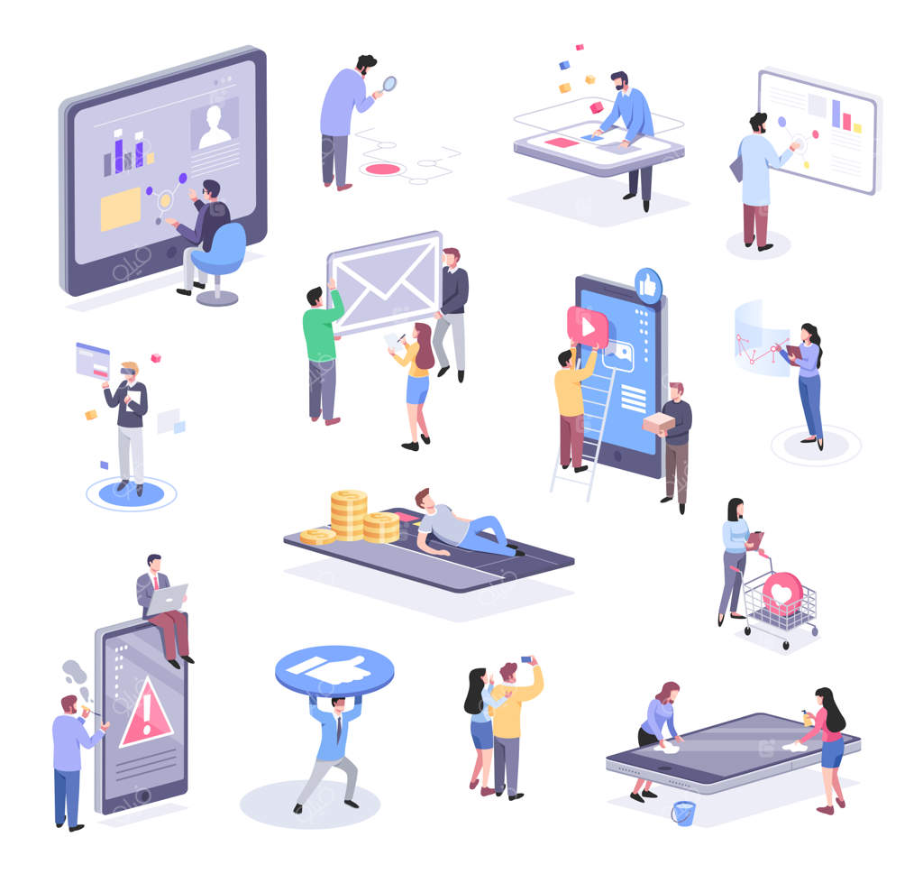 تصویر ایزومتریک از همکاری کارکنان اداری و تجاری با دستگاه‌های موبایل