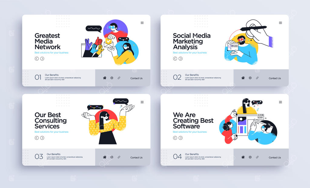 مجموعه‌ای از الگوهای اسلایدهای ارائه یا طراحی صفحات فرود وبسایت، ایده‌هایی برای کسب‌وکار