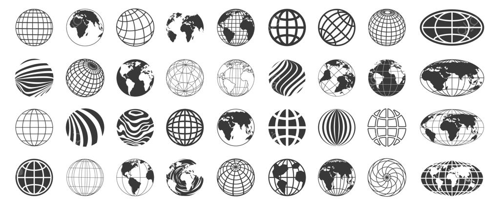 آیکون کره جهان: لوگوی زمین انتزاعی با فریم سیمی، نماد شبکه جهانی خطی و مدرن، مجموعه‌ای از کره‌های جهانی