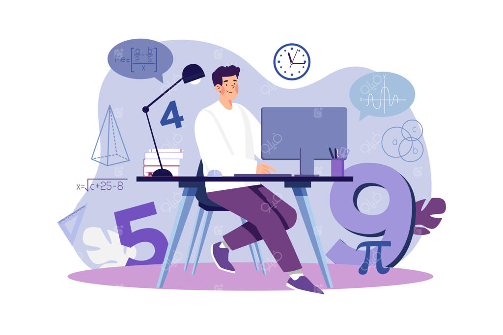 تصویرسازی پسربچه در حال یادگیری ریاضی در کلاس آنلاین با پس‌زمینه سفید