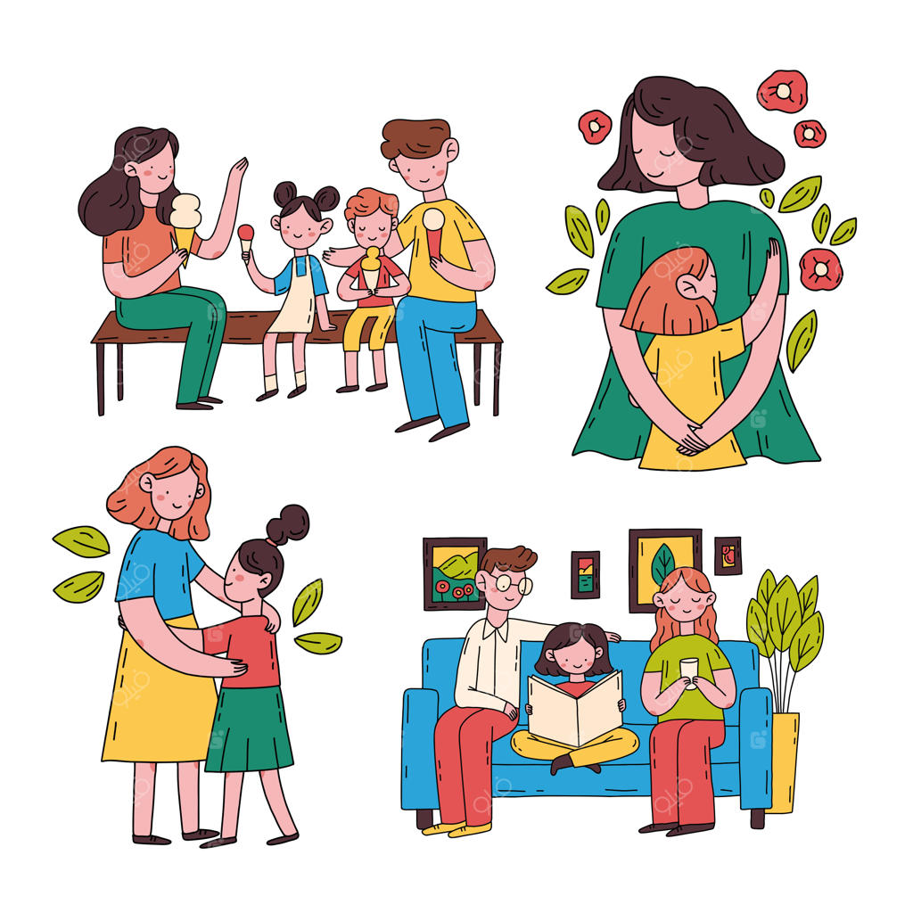 مجموعه وکتور خانواده پرجمعیت با طراحی دستی و سبک تخت مینیمال در پس‌زمینه سفید