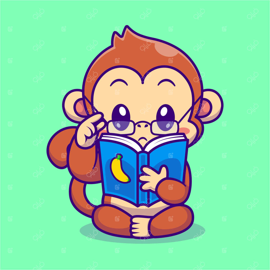 ایکن کارتونی میمون بامزه در حال خواندن کتاب و خوردن موز با عینک | نشانگر آموزش حیوانات