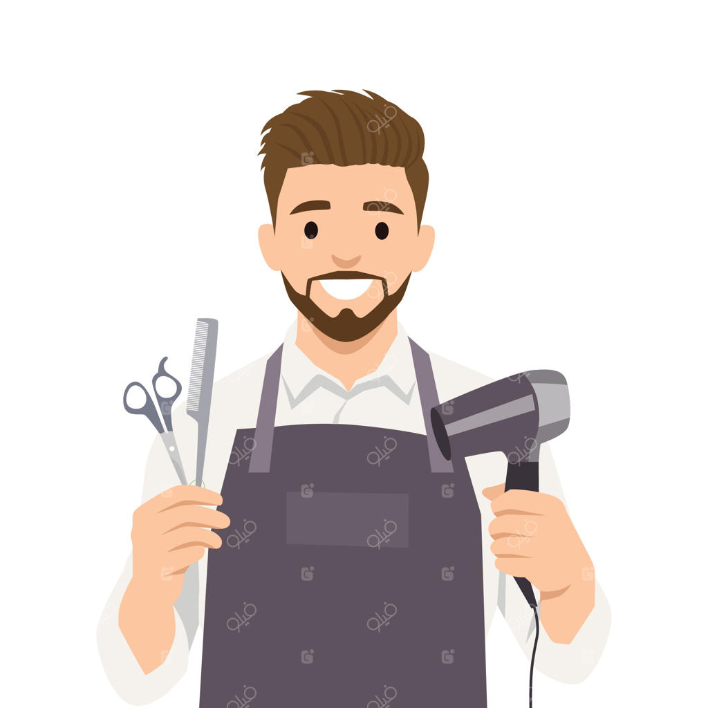 آرایشگر خوش‌روی مرد با پیش‌بند، قیچی، شانه و سشوار، مدل موی شیک.