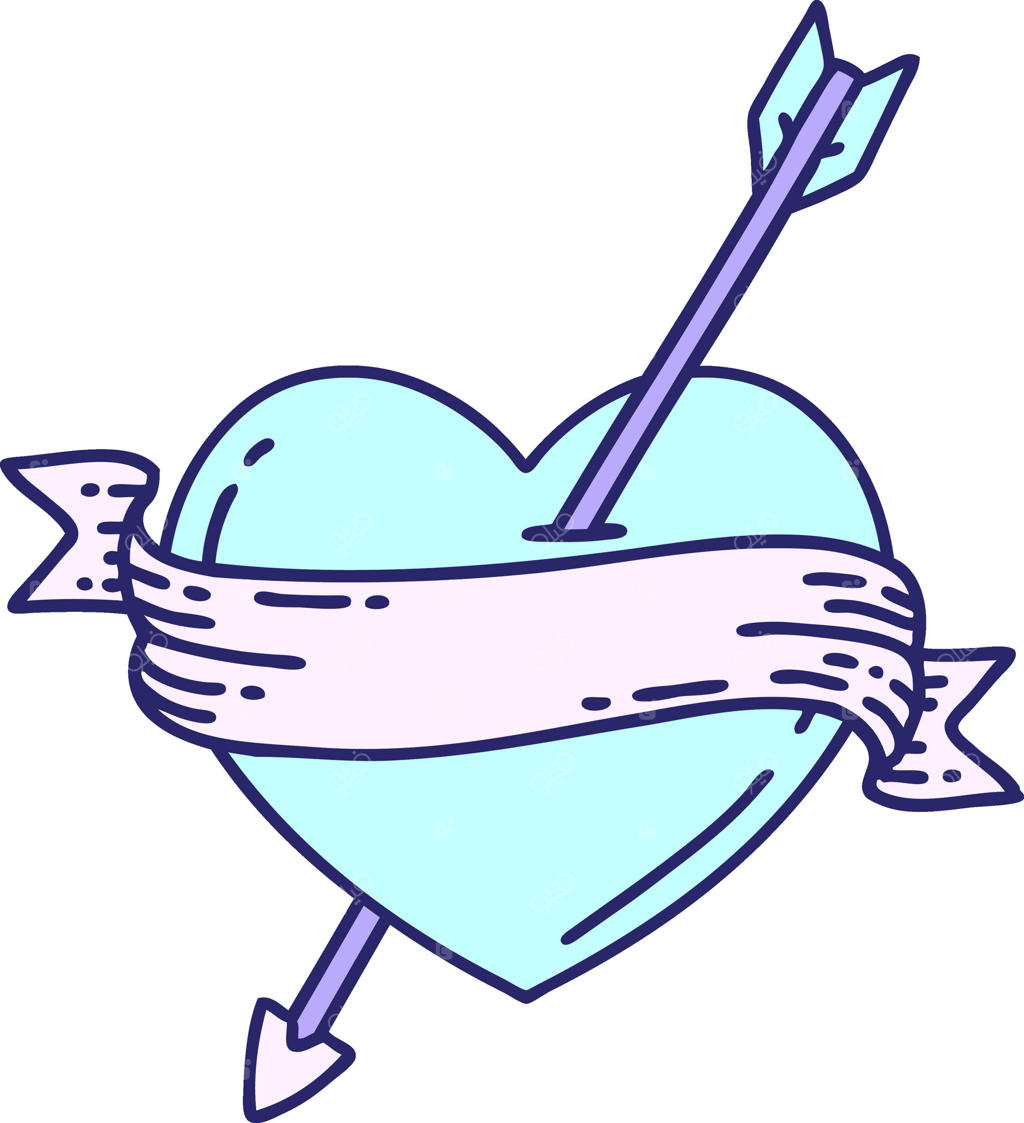 تاتوی سنتی قلب و پیکان با بنری در رنگ‌های نئونی درخشان