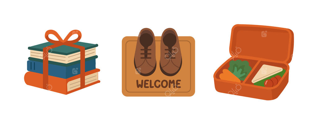 عناصر بازگشت به مدرسه: دسته‌ای از کتاب‌های هدیه، پادری خوش‌آمدگویی با کفش‌ها، و جعبه ناهار - تصویرسازی ساده