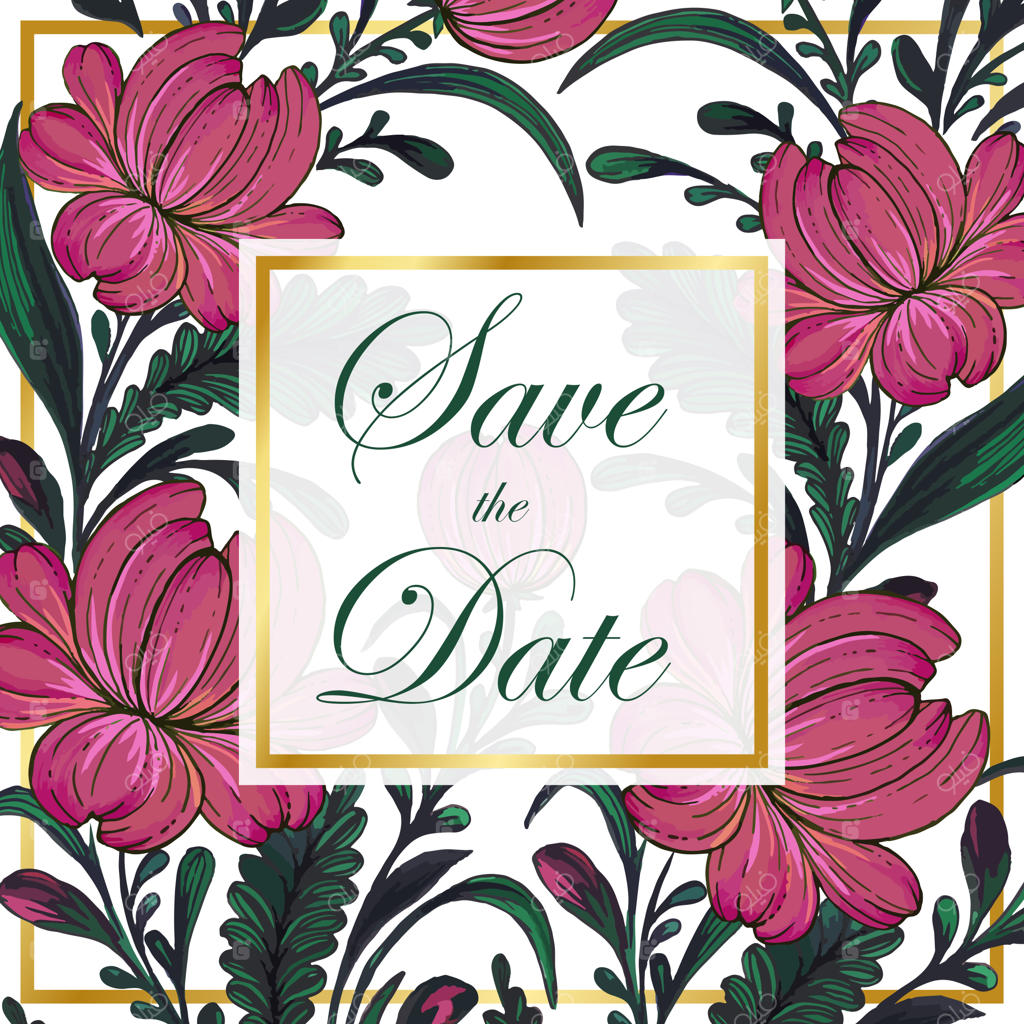 کارت تاریخ زیبا با طراحی دستی گل‌ها و قاب طلایی