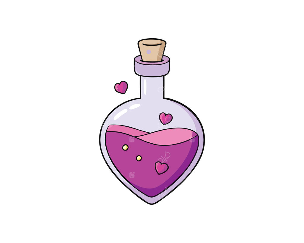 تصویر زیبا از بطری معجون عشق کارتونی با طراحی قلب‌ها و مایع صورتی روی زمینه سفید.