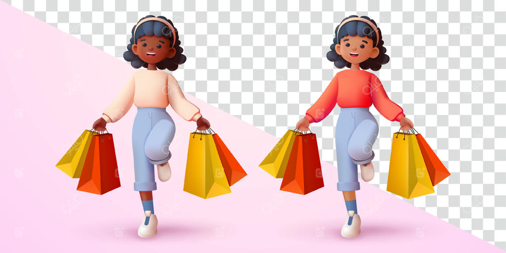 زنی در حال حمل کیسه‌های خرید با شادی - مناسب برای تبلیغات و طراحی سه‌بعدی