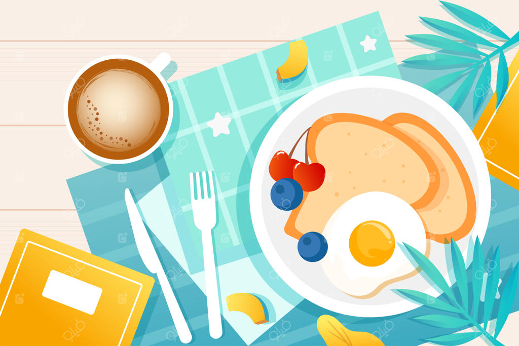 نمای بالا از یک صبحانه خوشمزه و سالم با نان، تخم‌مرغ و سالاد مغذی روی رومیزی