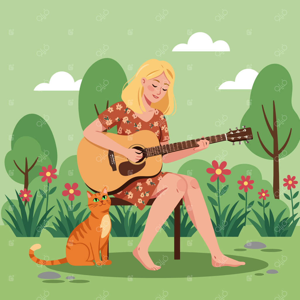 تصویر زنی در باغ در حال نواختن گیتار با حضور گربه