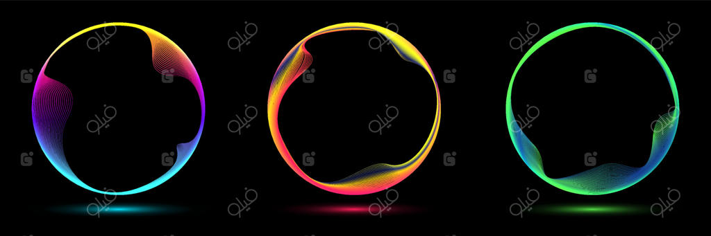 مجموعه‌ای از دایره‌های نئونی درخشان با خطوط موج‌دار پویا