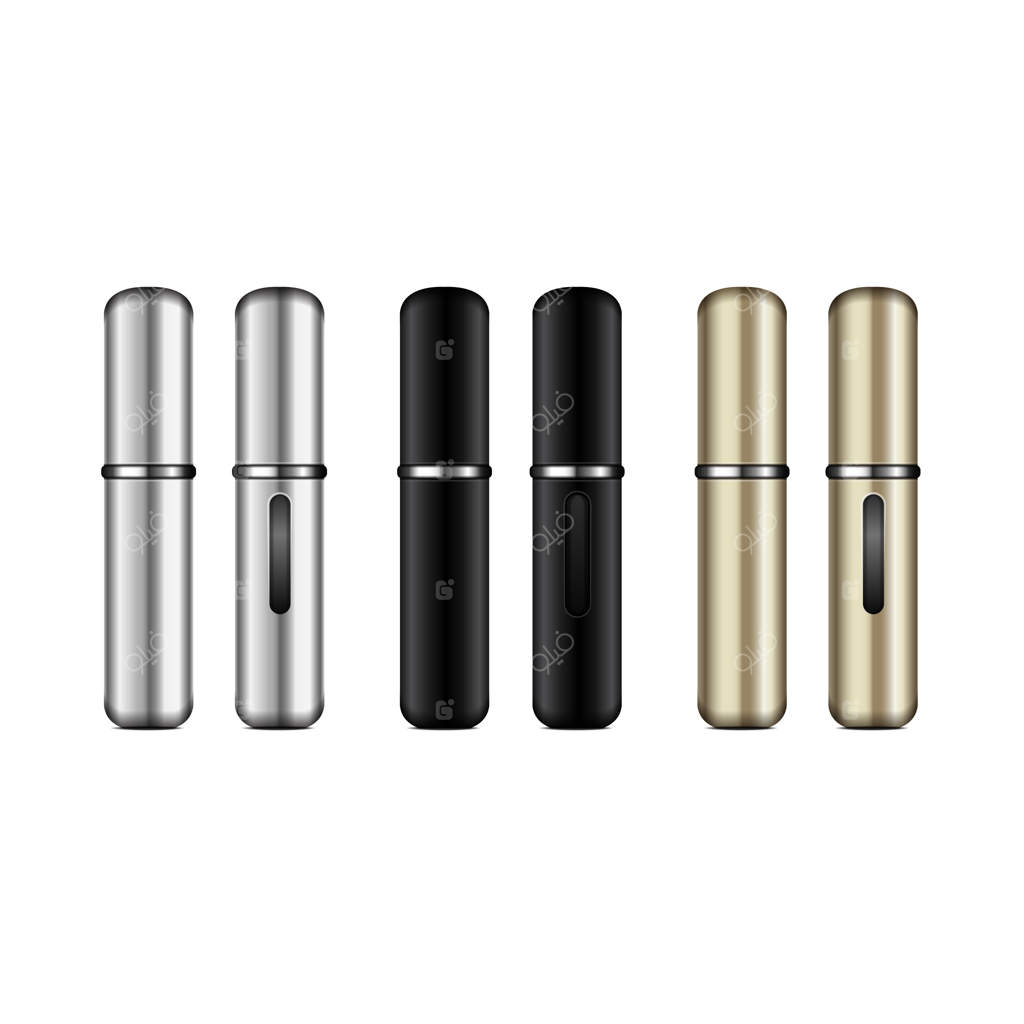 افشانه عطر: کیس اسپری کوچک و واقع‌گرای نقره‌ای، مشکی و طلایی برای عطر با فضای مناسب برای لوگوی شما - بسته‌بندی باز و بسته