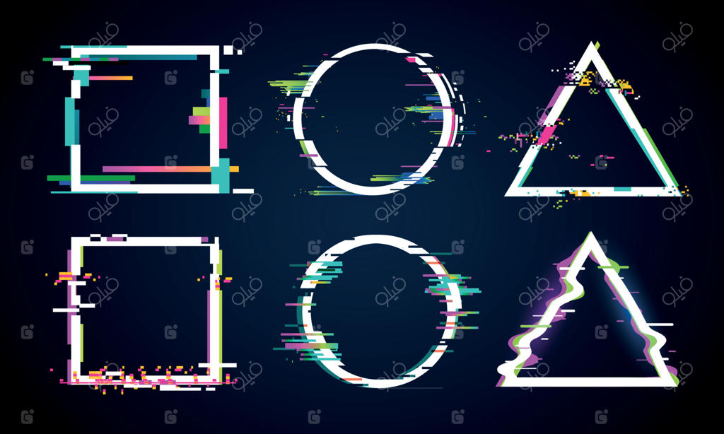 فریم‌های نویزی و معوج: دایره، مربع و مثلث. مجموعه عناصر گرافیکی لوگو با اعوجاج موسیقی