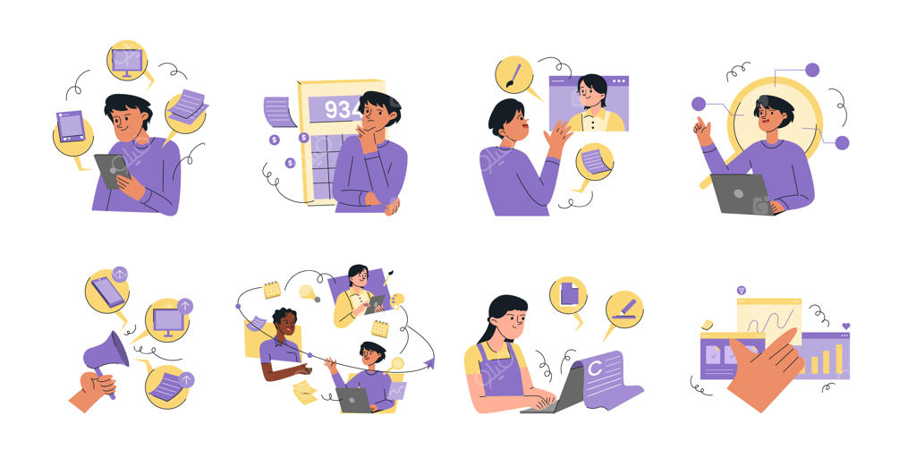 مجموعه تصویرسازی‌های وکتور فعالیت‌های آژانس تبلیغاتی