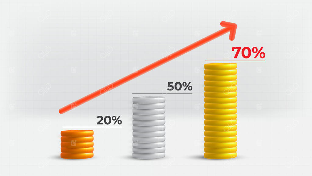 سه ستون روی هم نشان‌دهنده پیشرفت با درصد و فلش رو به بالا