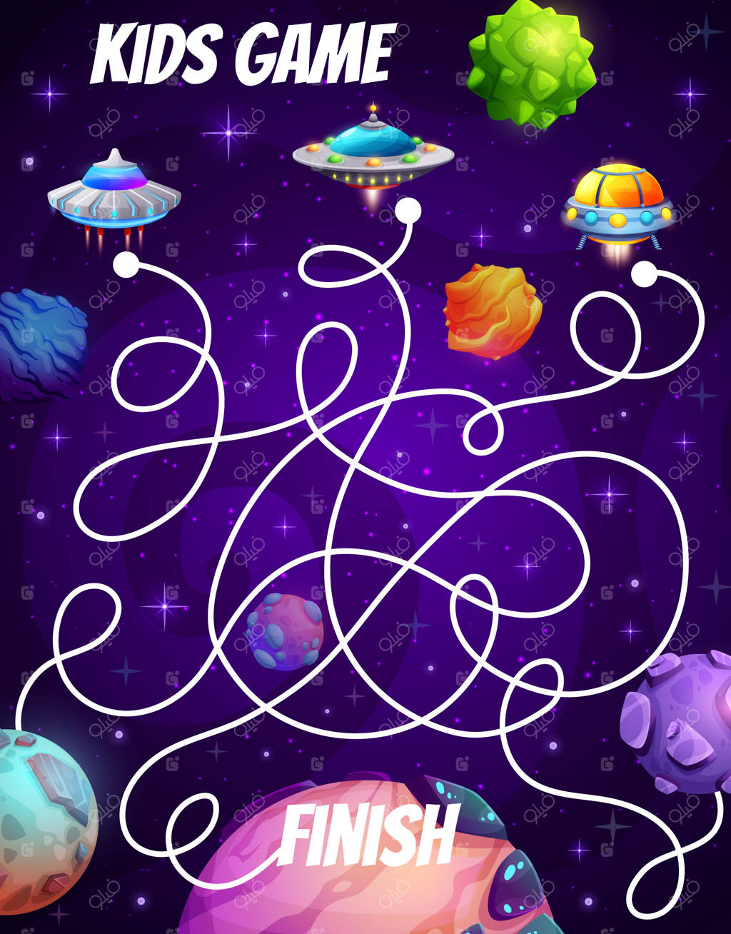 هزارتوی فضایی با سیاره‌ها و بشقاب پرنده کارتونی