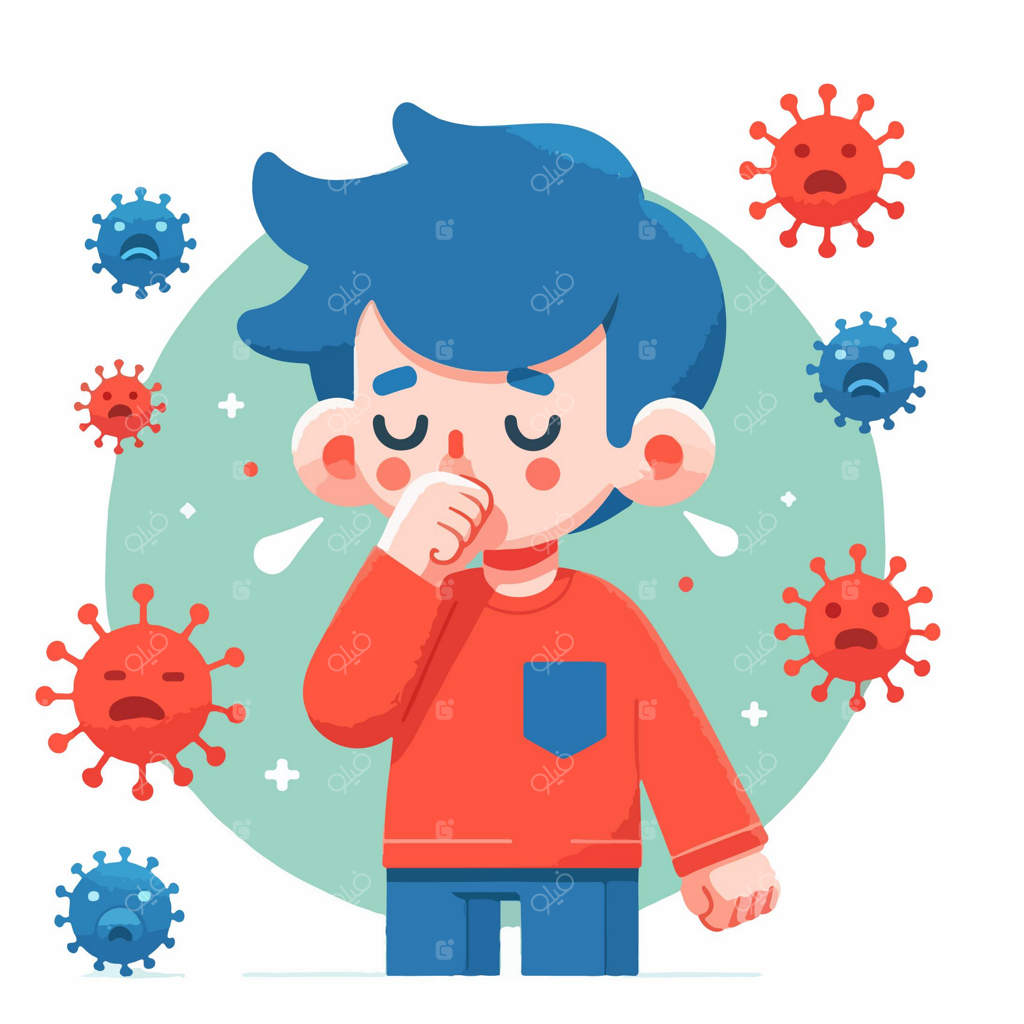 تصویر کارتونی طراحی تخت از پسری که در آرنج خود عطسه می‌کند